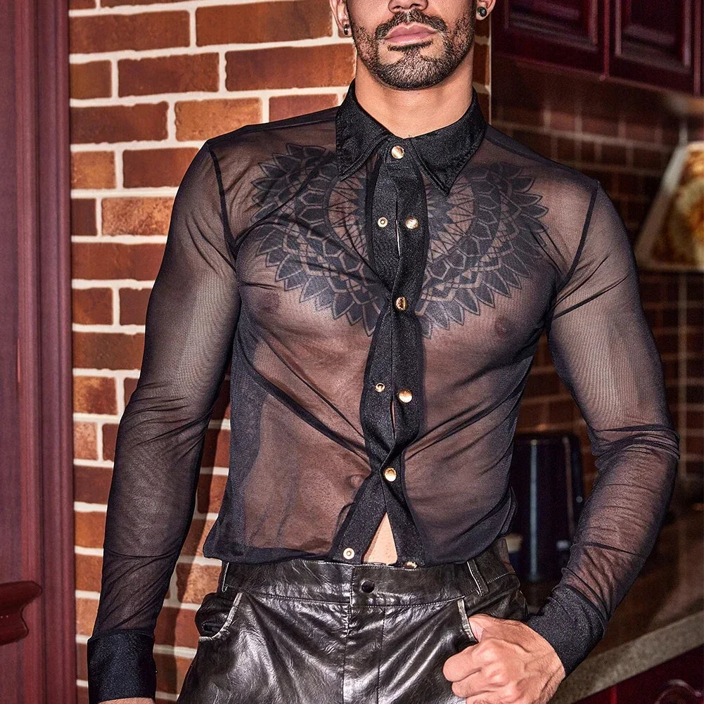 HEARUJOY  -  Black Sexy Club Wear For Men Sexy Nightclub Shirt 45cm Mens Shirt 95 Polyamide Sleeve 60cm Solid Pattern 5 Spandex Average Size