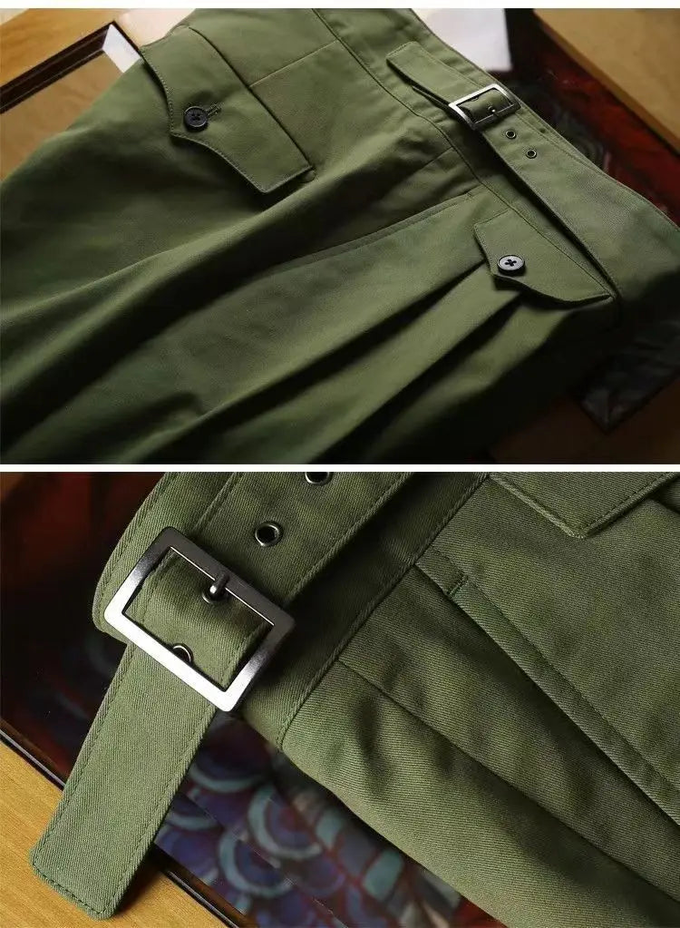 HEARUJOY  -  Vintage Green Gurkha Pants For Men Adjustable Waist Buckle Cotton Naples Trousers Fashion Casual Loose Ankle-Length Cargo Pants