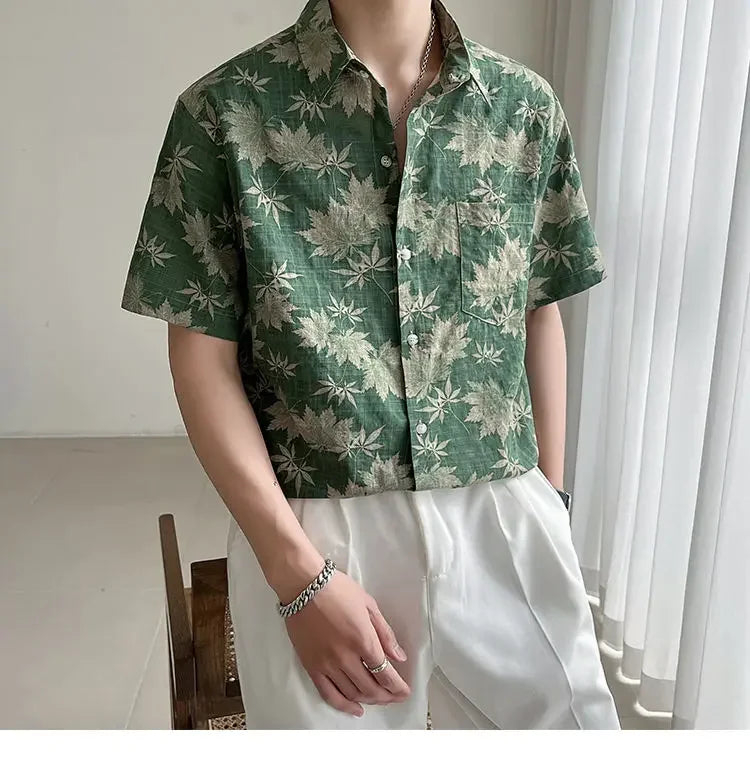 HEARUJOY  -  Loose Maple Leaf Flower Shirt Men's Short-sleeved Mature Style Casual Five-point Sleeves