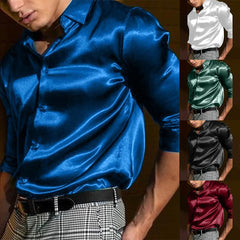 HEARUJOY  -  Men's Satin Silk Dress Shirt Long Sleeve Casual Button Down Shirts Disco Club Fashion Blouse Top New