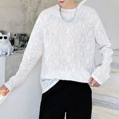 Hearujoy Mens Sexy See-Through Lace Floral Long-Sleeved Top 2024 New Genderless Fashion Temperament French Retro Inner T-Shirt Unisex