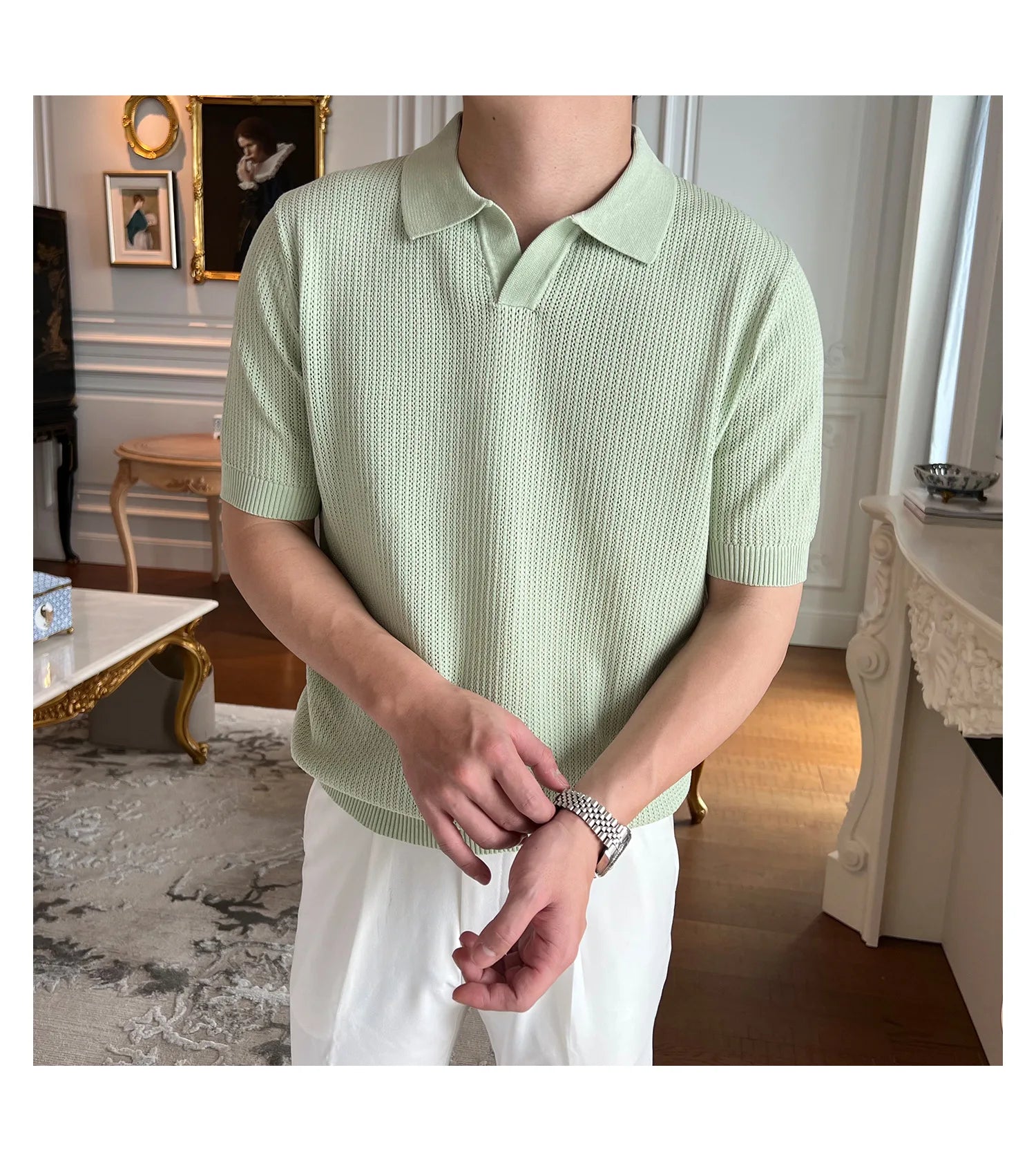 HEARUJOY  -  New Fashion Business Tops Men's Polo Shirt Light Luxury Leisure Knitted V Neck T-shirts for Man Korean Popular Short Sleeve Tees