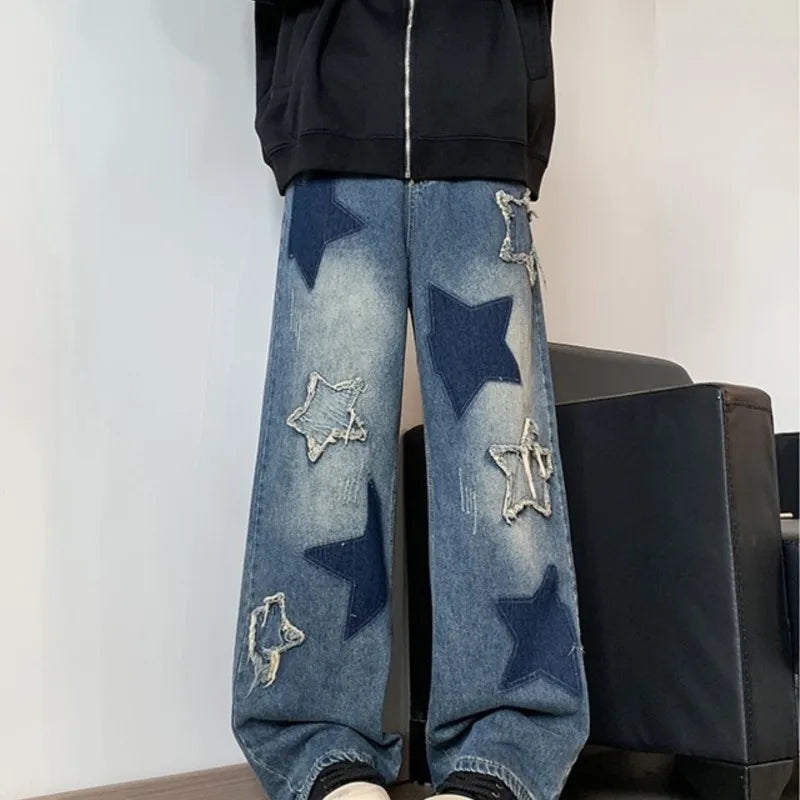 Hearujoy Star Embroidery Patchwork  Jeans Men Straight Casual Autumn New Wide Leg Hip-hop Fashion Youth Neutral Streetwear Denim Trousers