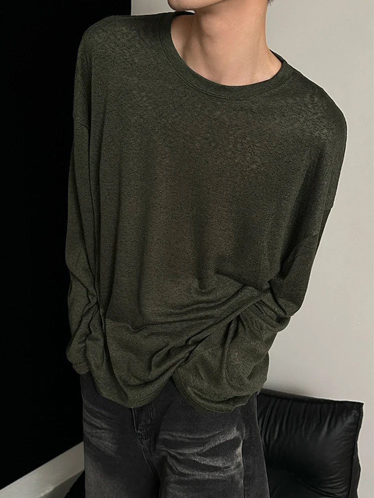 HEARUJOY  -  Daily Casual Breathable Loose T Shirts Mens Spring Autumn Fashion Solid Color Pullovers Men Leisure Long Sleeve O Neck T-shirt