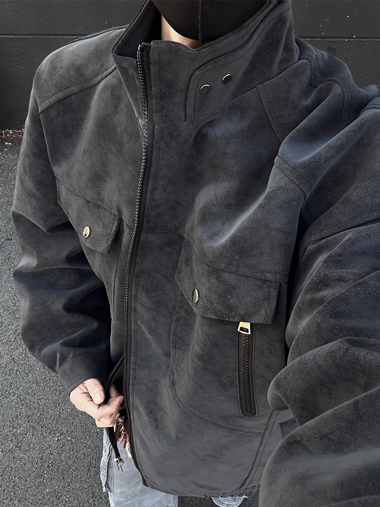 HEARUJOY  -  Vintage Men's Stand Collar Zip-up Jacket Coat Fall Winter New Casual Multi Pockets Cargo Jackets For Men Fashion Cardigan Tops