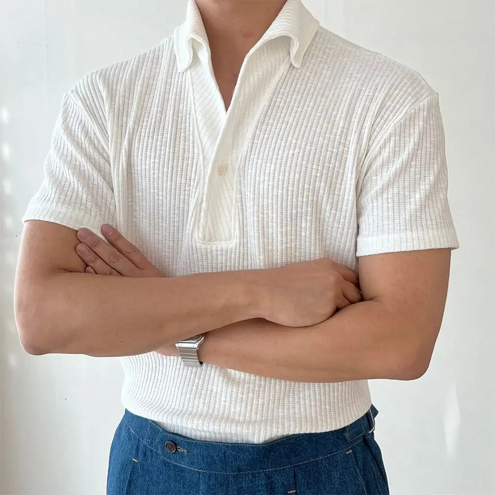 HEARUJOY  -  American Muscle Summer Fitness Suit Men's Elastic Breathable Sports Men's T-shirt Vertical Thread Slim Lapel Short Sleeves