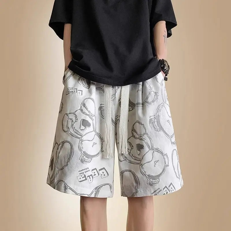 HEARUJOY  -  Men's New Spliced print Five-point Loose Drawstring Design Bear Print Shorts