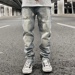 Hearujoy Ripped Hole Distressed Black Blue Washed Men's Jeans Straight Casual Baggy Pockets Pencil Pants Streetwear Loose Denim Trousers