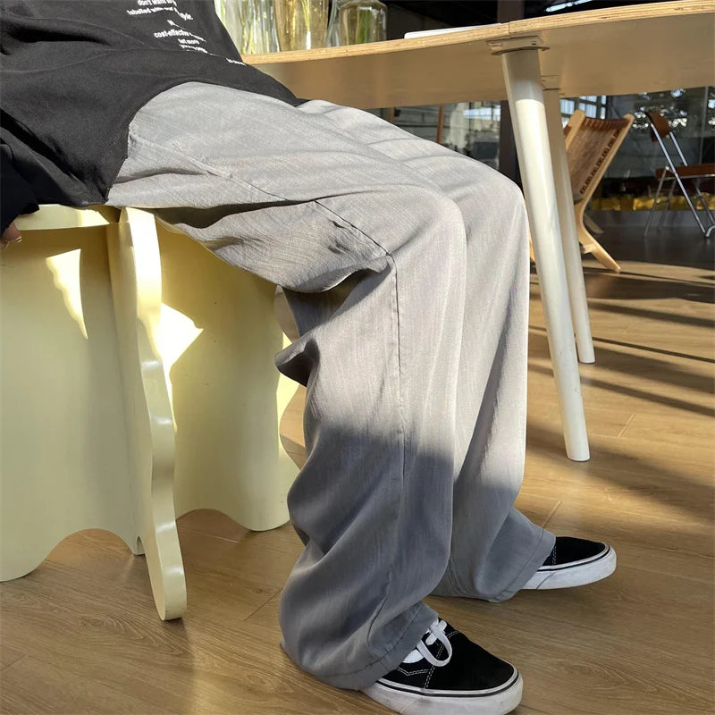 Hearujoy Summer Men's Casual Pants Loose Ice Silk Pants Simple and Comfortable Home White Casual Pants Baggy Sports Pants Black Gray Pink