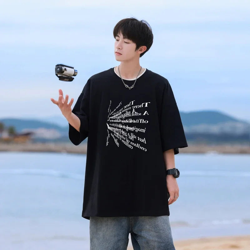 HEARUJOY  -  T Shirt Oversized Cotton For Men White 5XL Men's Letter Print T-shirts Men Casual Wear Summer Tee Shirts Big Size Clothing