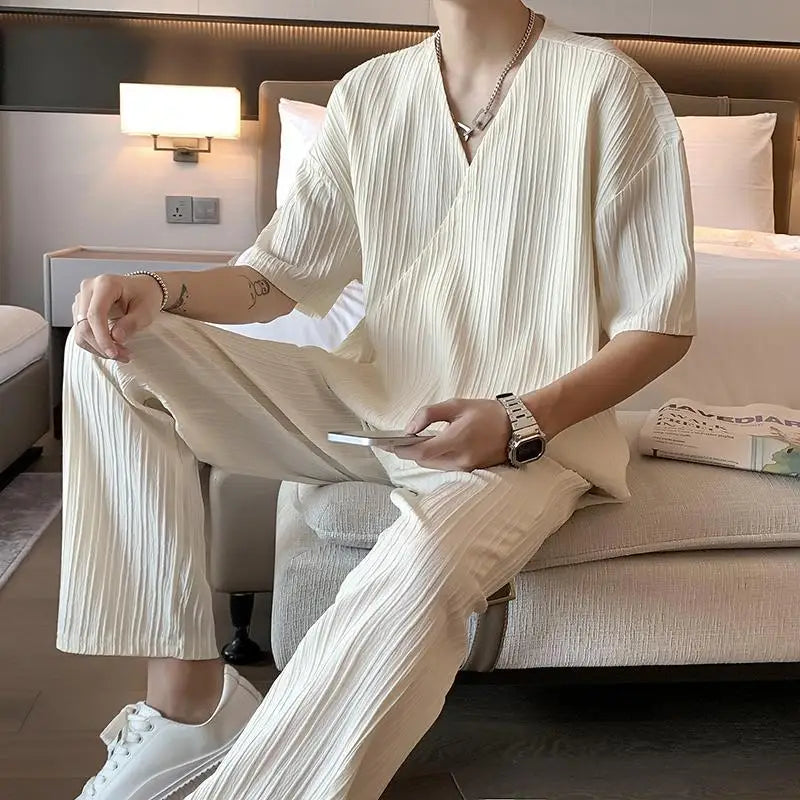 HEARUJOY  -  Korean Style Fashion Ice Silk Sports Suit Men's Large Size V-neck Short-sleeved T-shirt Trousers British Handsome Two-piece Set
