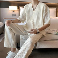 HEARUJOY  -  Korean Style Fashion Ice Silk Sports Suit Men's Large Size V-neck Short-sleeved T-shirt Trousers British Handsome Two-piece Set