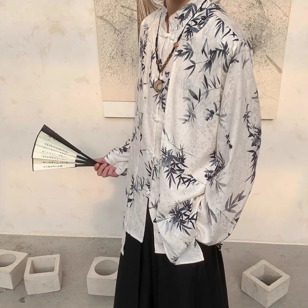 HEARUJOY  -  New Autumn And Winter Chinese Style Stand-Up Collar Button Bamboo Shirt Unisex Fashion Casual Loose Printed Long-Sleeved Shirt