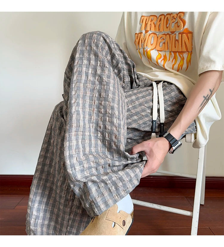 HEARUJOY  -  American Men Thin Pants for Men 2025  Summer plaid  Sweatpants Straight Loose Sports Casual Trousers