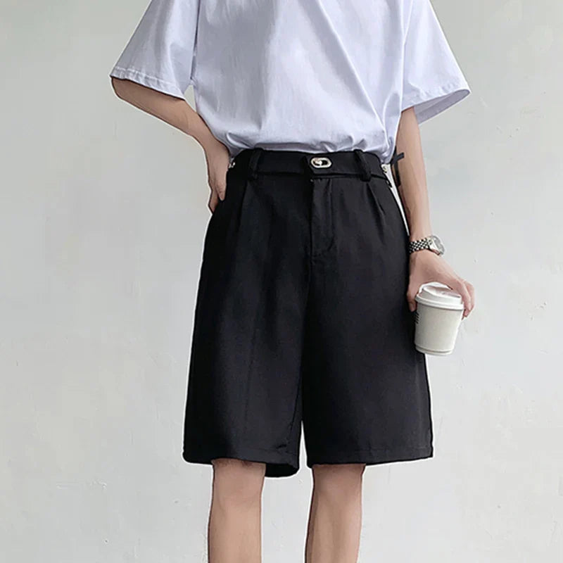 Hearujoy Metal Buckle Suit Shorts Korean Style Loose Summer Trend  Male Pants Casual Zipper Solid Color Loose 9C5337