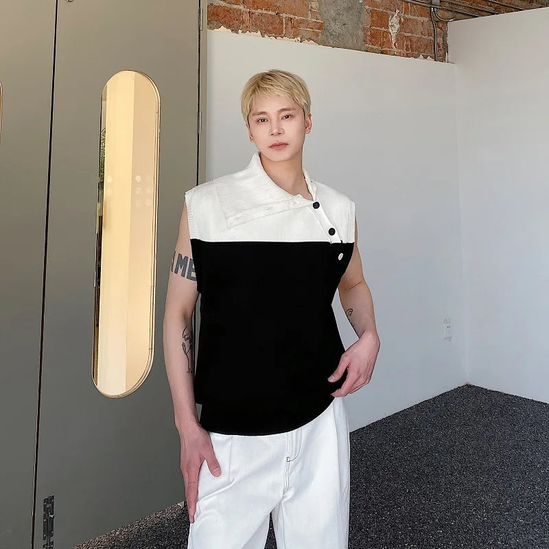 Hearujoy Korea Fashion Streetwear Spring Diagonal Lapel Tank Tops Contrasting Color Men's Women’s Sleeveless Sweater tank top men