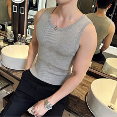HEARUJOY  -  Solid Color Sleeveless Round Neck Summer Men Casual American Style Handsome Knitting Vest Bodybuilding Elastic Force Slim Tops