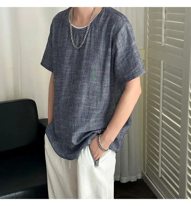 HEARUJOY  -  Korean Style Men's T-shirts Round Collar Short Sleeved Solid Color Mensweae New Summer Pullover Loose Male Tees