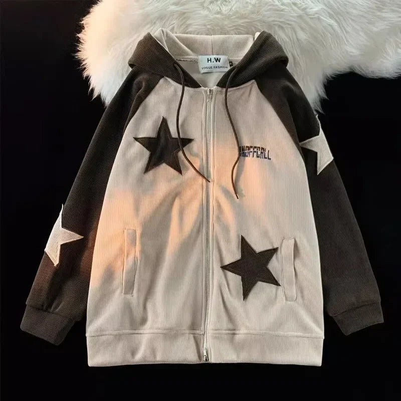 Hearujoy American Style New Star Patterned Patch Embroidered Zipper Hoodie Retro Corduroy Design Couple's Hip-Hop Harajuku Loose Cardigan