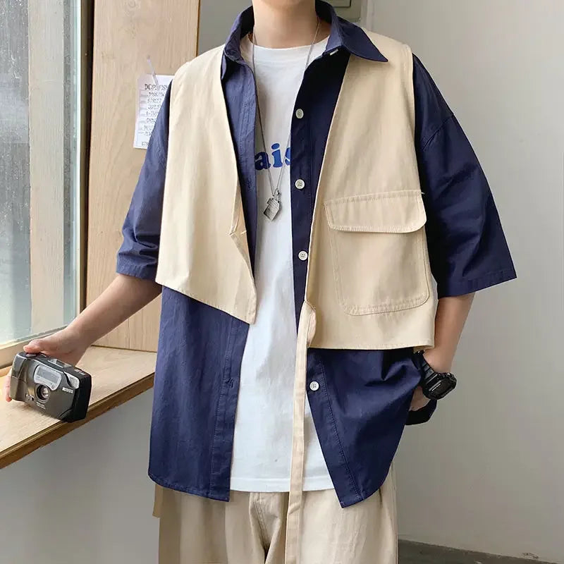 HEARUJOY  -  Man Shirt Half Sleeve with Pocket Shirts for Men Blue Casual Korean Style Vintage Silk Fashion 2025 Cotton Slim Fit Elegant Sale