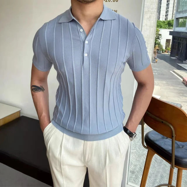 HEARUJOY  -  Summer Cotton Men Polo Shirt Business Casual Turn-down Collar Button-up Tees Fashion Flocking Tshirts Top Lce Silk Fabric Blouse