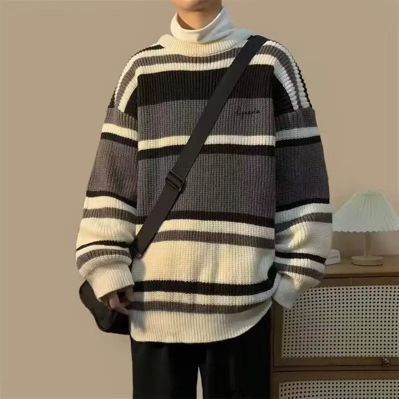 HEARUJOY  -  Men's Retro Striped Contrast Thickened Trendy Brand Loose Sweater Jacket