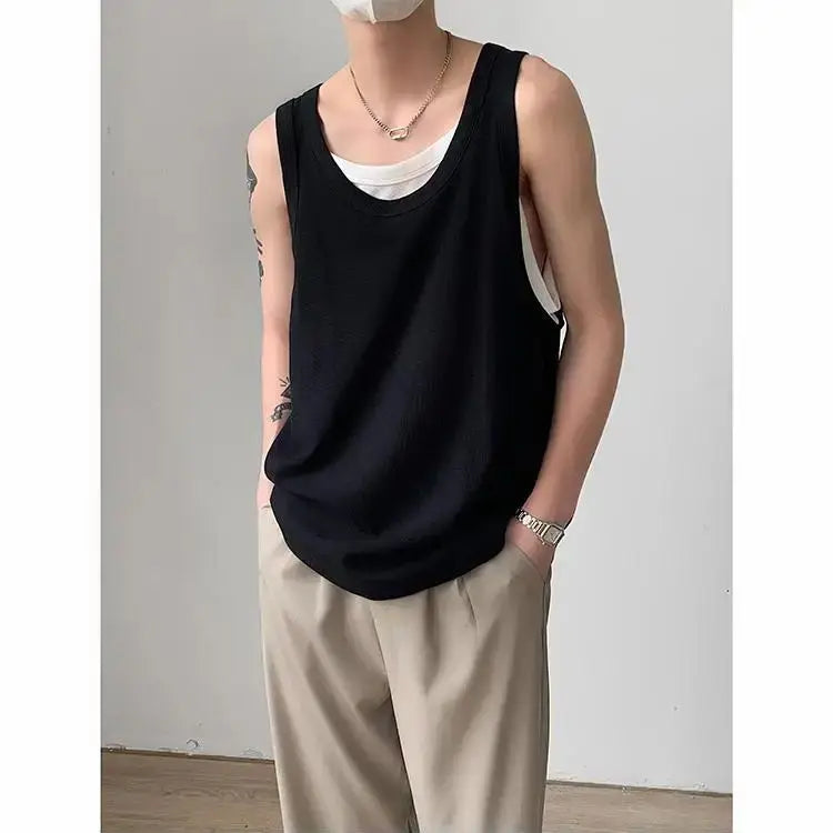 Hearujoy Summer Thin Fake Two Casual Loose Men's Sports Outer Sleeveless Vest American Old Man Fitness Shirt Tops