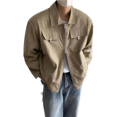 HEARUJOY  -  Simple Lapel Jacket Men Women High Street Short Khaki Baseball Uniform Oversize Multiple Pockets Metal Decoration Bomber Coat