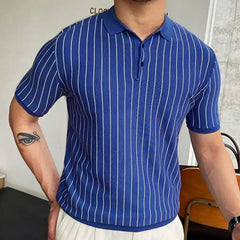 Hearujoy Men'sCasual Striped Knitted Polo Shirt Streetwear Button Down Short Sleeve Tees for Men Breathable Vintage Luxury Clothing