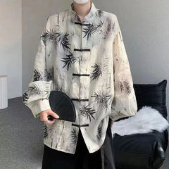 Hearujoy Art Men Chinese Style Hanfu Tops Traditional Ethnic Kung Fu Trendy Shirt Sunscreen Clothing Bamboo Leaf Pan Button Printing Top