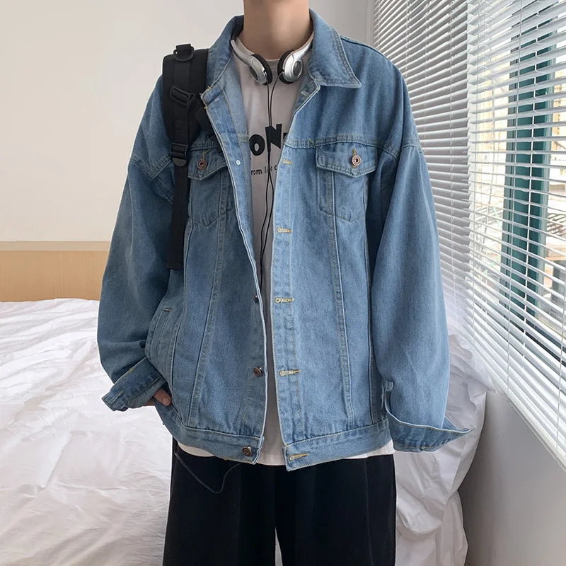 Hearujoy Black Denim Short Jacket Men Turn Down Collar Bomber Jacket Jeans Coats Casual Pockets Overalls Streetwear Man Clothing Outwear