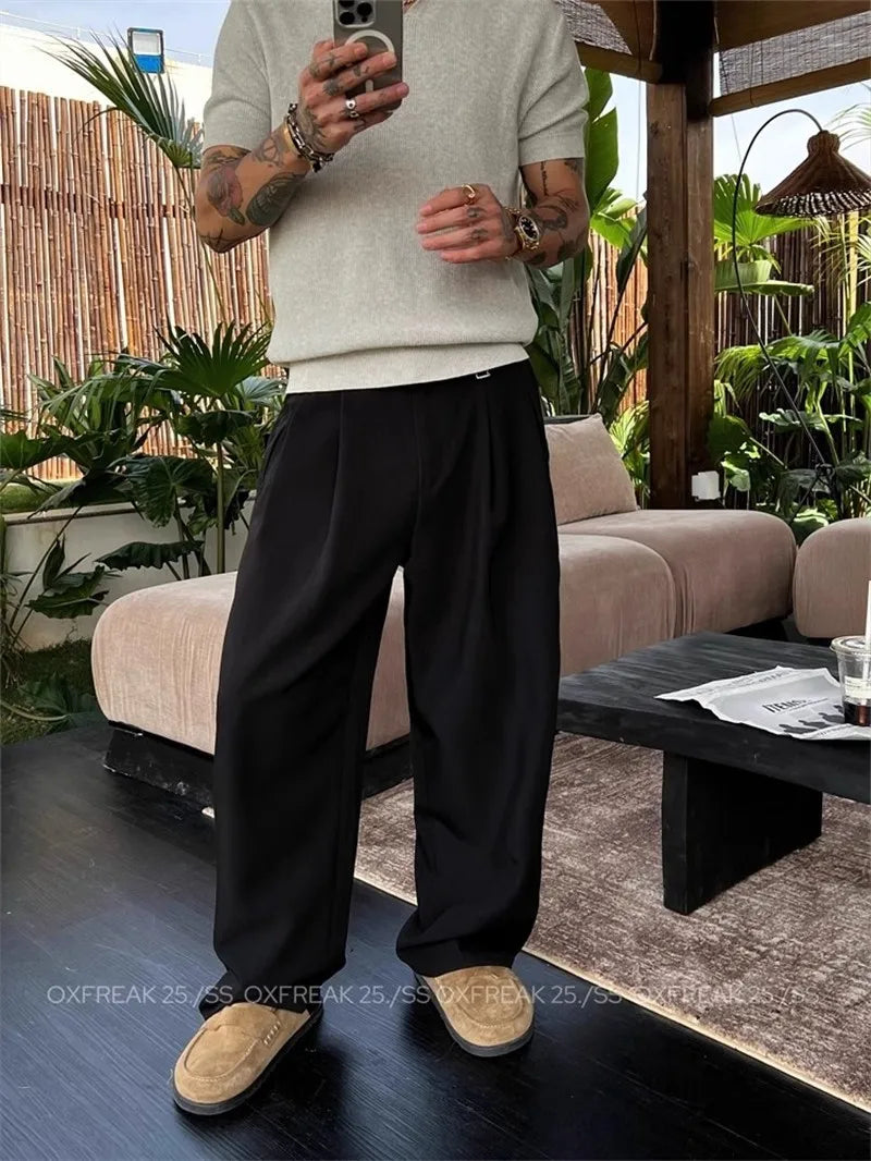 HEARUJOY  -  New Retro Fashion Men Suit Pants Light Luxury Draped Baggy Belt Button-down Solid Color Straight Trousers Elegant Dress Pants