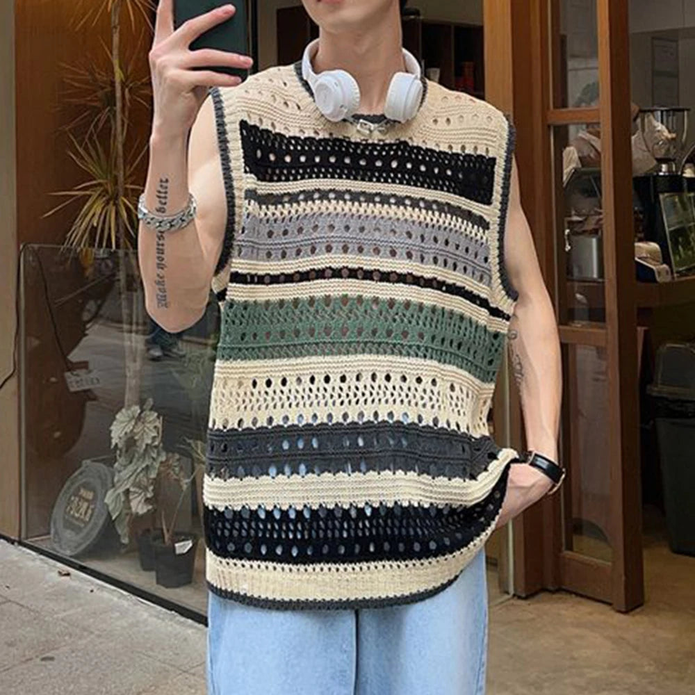 Hearujoy Fashion Knitted Vest Y2k Streetwear Trend Hollow Sleeveless Top Men's Striped Contrast Color Loose Tank Tops Genderless Clothing