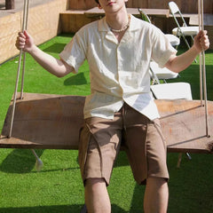 HEARUJOY  -  Mens Shirts Hollow Casual Shirts Streetwear Fashion Daily Retro Versatile Youth Campus Short-Sleeve Tops Men'S Clothing 2025 New