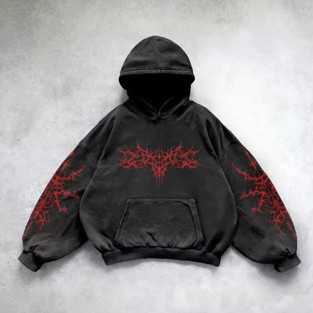Hearujoy Y2K New Red Zipper Hoodie Retro Gothic Printed Pattern Hoodie High Street Hip-Hop Trend Sweatshirt Men's Women's Loose Hoodies