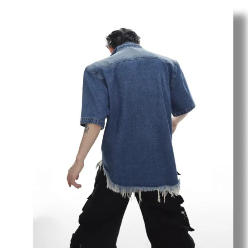 HEARUJOY  -  Y2K Cowboy Shirt Mens Summer Thin Shoulder Pads Retro Washed Short Sleeved Denim Jacket Hip Hop Burr Edge Design Loose Tops
