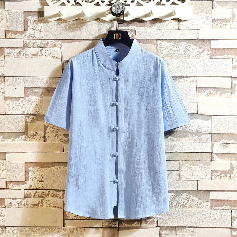 HEARUJOY  -  Summer Tang Suit Chinese Shirt Style Jacket Collar Traditional for Men Cotton Linen Solid color Top Hanfu Men Shirts