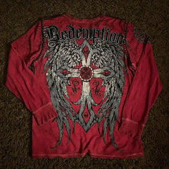 Hearujoy Y2K New Affect Long Sleeve T-shirt with Retro Cross Pattern Printed Red T-shirt for Men Women Hip Hop Gothic Punk Loose Red Top