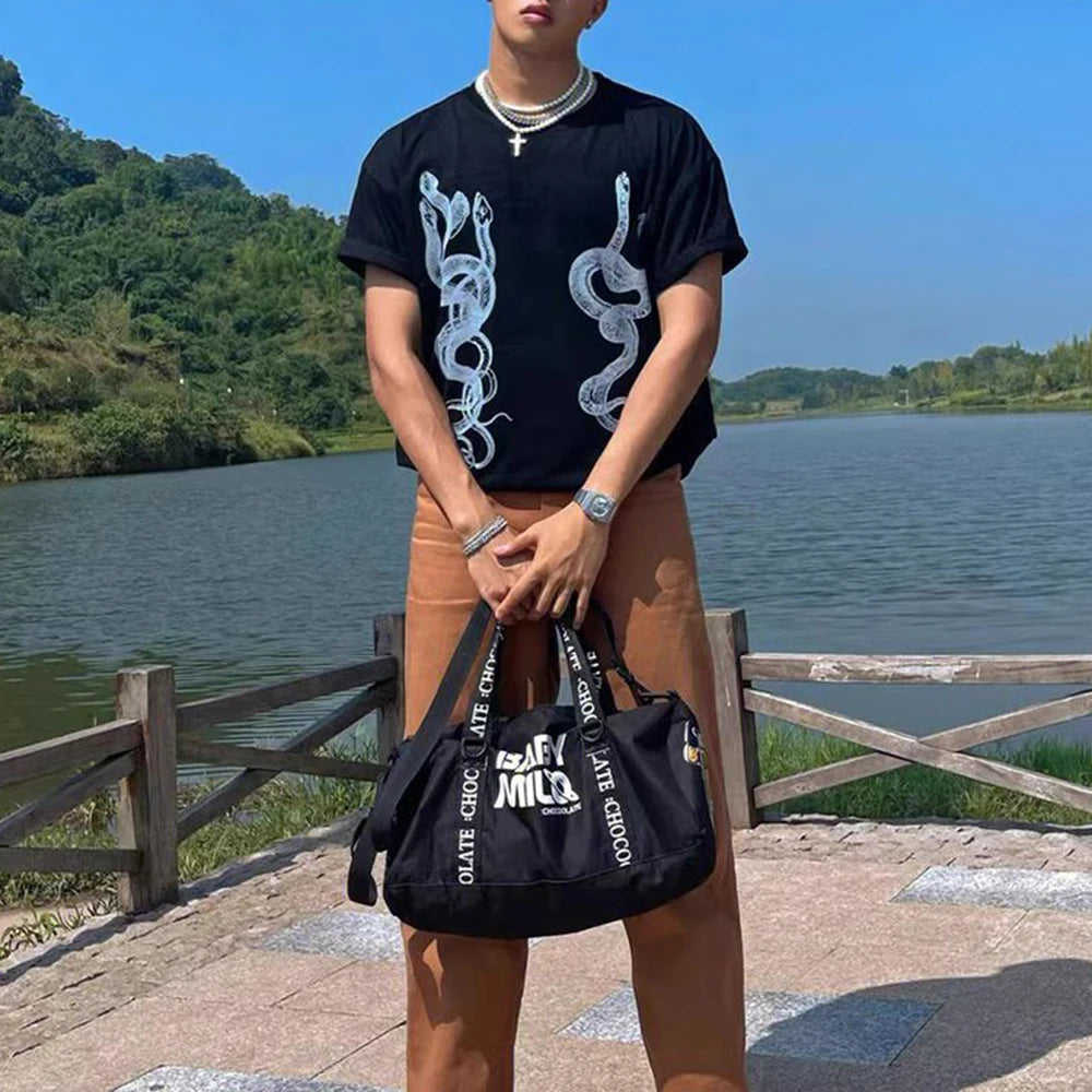 Hearujoy Men's Casual T-Shirt Fashionable Trendy Hip-Hop High Street Y2k Retro Snake Pattern Loose Cotton Top Spring And Summer
