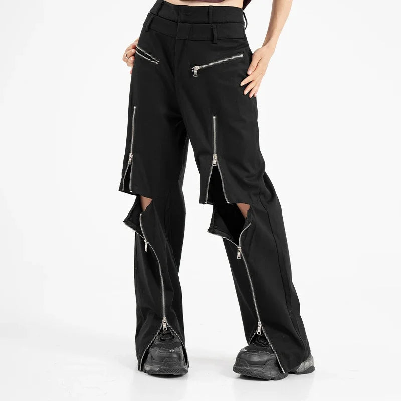 Hearujoy Design Zipper Slit Men Trousers Techwear Straight Tube Casual Black Wide Leg Pants Male Hole Loose Streetwear Hip Hop