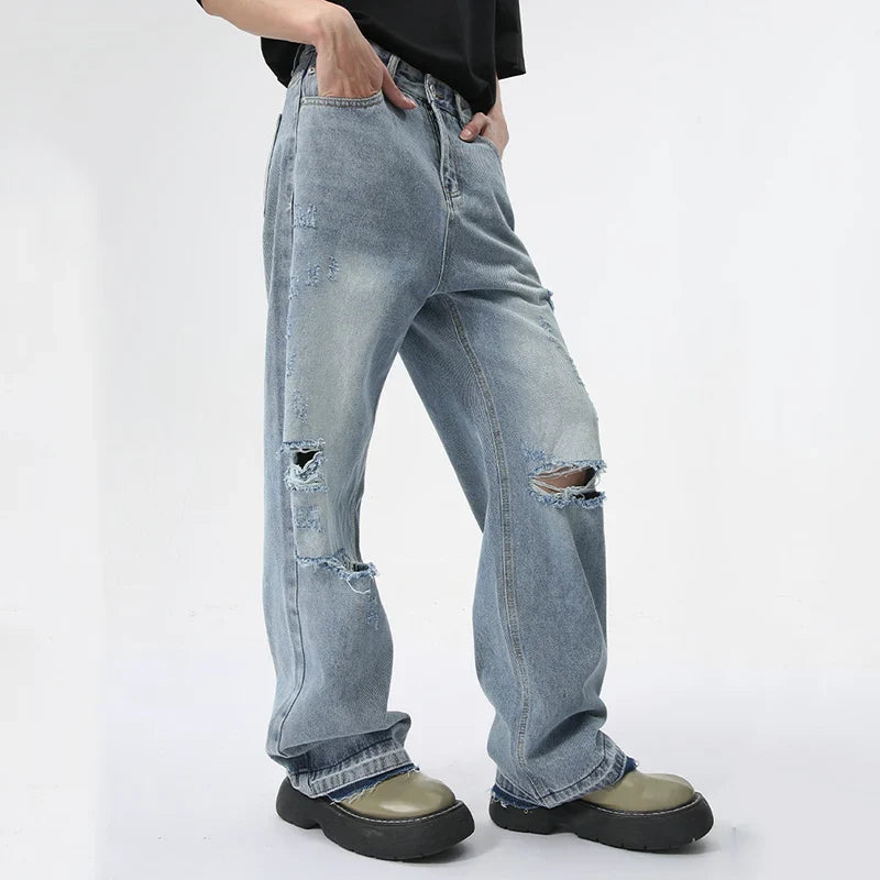 Hearujoy Trendy Men's Straight Jeans Broken Hole Design Summer New Streetwear American Style Wide Leg Denim Pants 9C5979