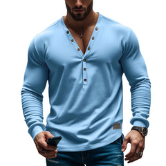 HEARUJOY  -  Men's Spring and Autumn Style American Solid Color Men's T-shirt Long Sleeve Casual Slim Button-down V-neck Blouse