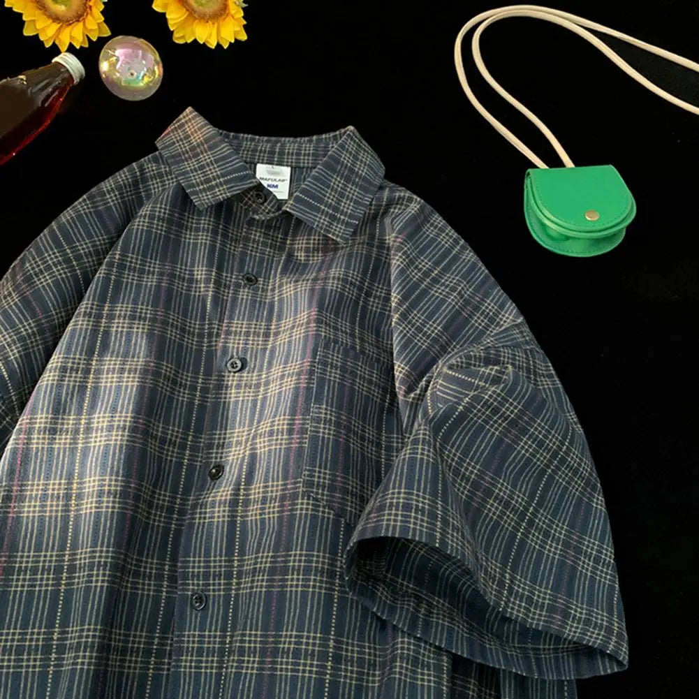 HEARUJOY  -  Couple Summer Tops Loose Short Sleeve Shirt Daily Casual Wear Plaid Pattern Shirt Vacation Outfits For Daily Wear