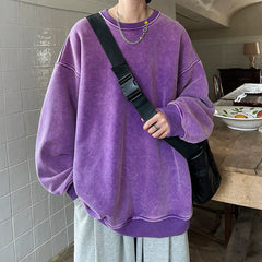 HEARUJOY  -  American Washed Old Pullovers Sweatshirts Men Loose Solid Color 2025 Autumn Large Size Warm O Neck Tops Hip Hop Y2k Sweatshirt