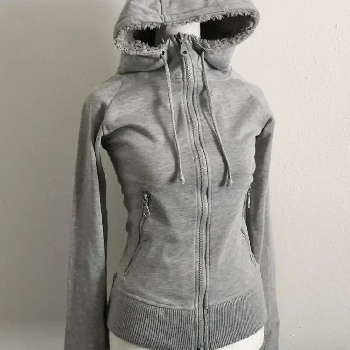 Hearujoy Y2K retro gray lamb wool hooded sweatshirt cardigan women's retro new spring and autumn double zipper design waist sweatshirt