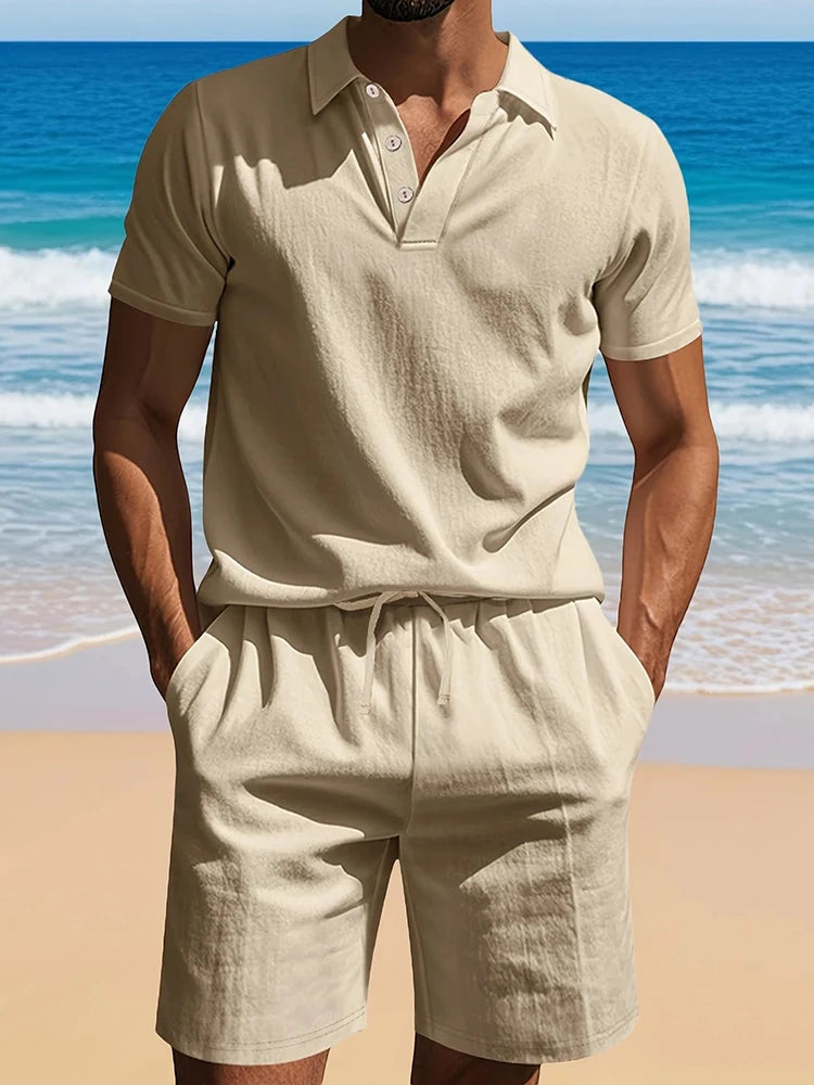 HEARUJOY  -  Summer Daily Casual Men's Two Pieces Sets Fashion Lapel Button Polo Shirt And Shorts Mens Outfits Leisure Linen Loose Suits
