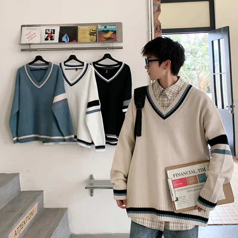 HEARUJOY  -  Autumn Winter New Men's Korean Loose Knitted V-neck Casual Sweater Outdoor Fashion Trend Comfortable Breathable Hoodie