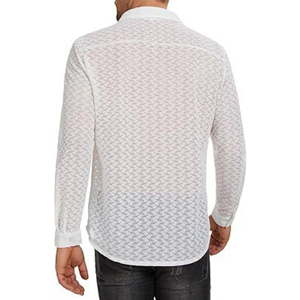 Hearujoy Mens Sexy See-Through Casual Long-Sleeved Shirt Genderless Simple Thin Basic Versatile Loose Solid Color Printed Top Unisex