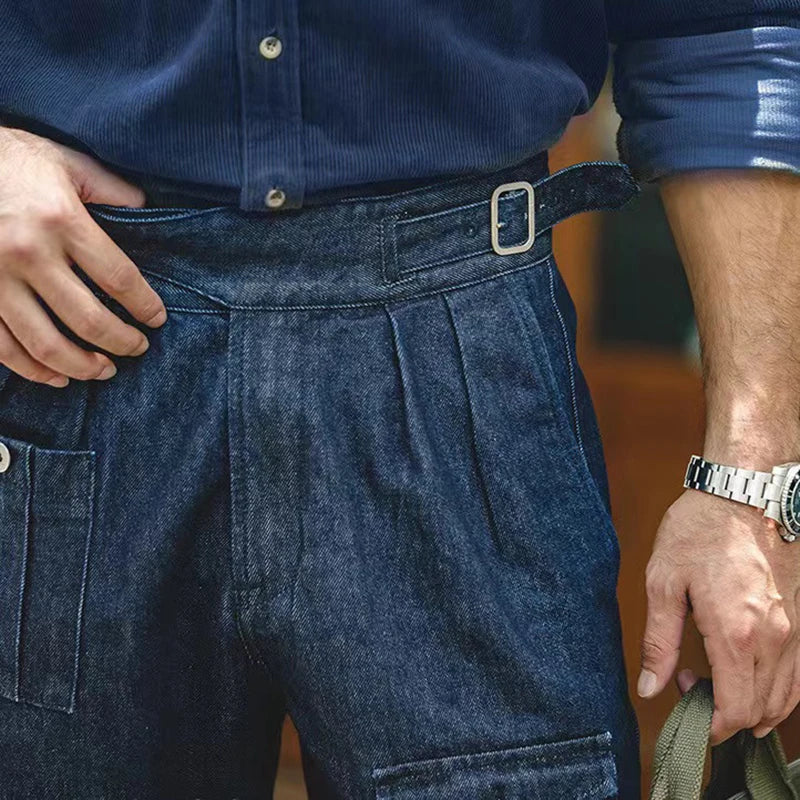 HEARUJOY  -  High Street Men Gurkha Jeans Cargo Pants Adjustable Waist Buckle Naples Trousers American Vintage Casual Loose Denim Pants