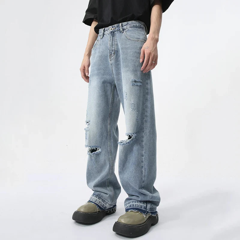 Hearujoy Trendy Men's Straight Jeans Broken Hole Design Summer New Streetwear American Style Wide Leg Denim Pants 9C5979